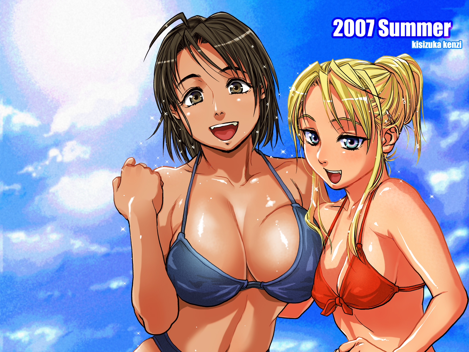 kishizuka kenji, original, highleg swimsuit, highres, 2girls, beach, bikini, black eyes, black hair, blonde hair, blue eyes, breast press, breasts, day, highleg, huge breasts, long hair, multiple girls, outdoors, short hair, swimsuit, tan