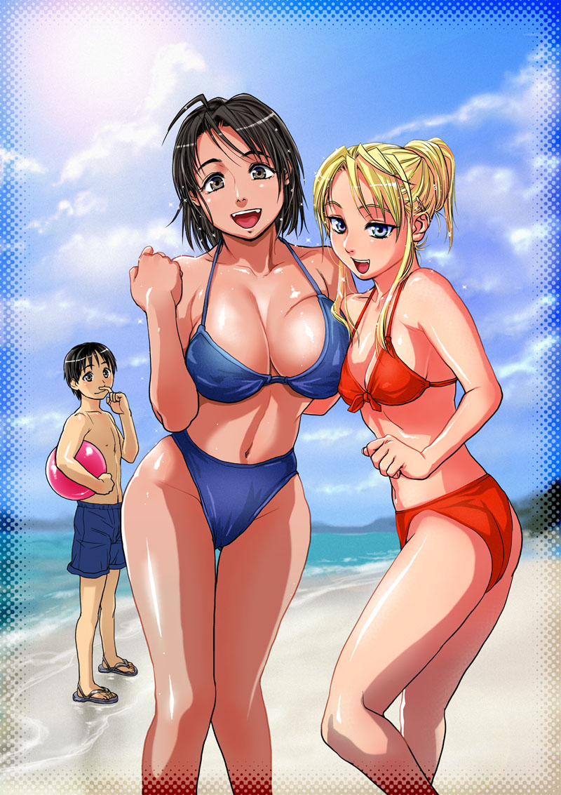 kishizuka kenji, original, highleg swimsuit, 1boy, 2girls, beach, bikini, black eyes, black hair, blonde hair, blue eyes, breast press, breasts, cleavage, curvy, day, highleg, huge breasts, large breasts, long hair, multiple girls, outdoors, short hair, swimsuit, tan