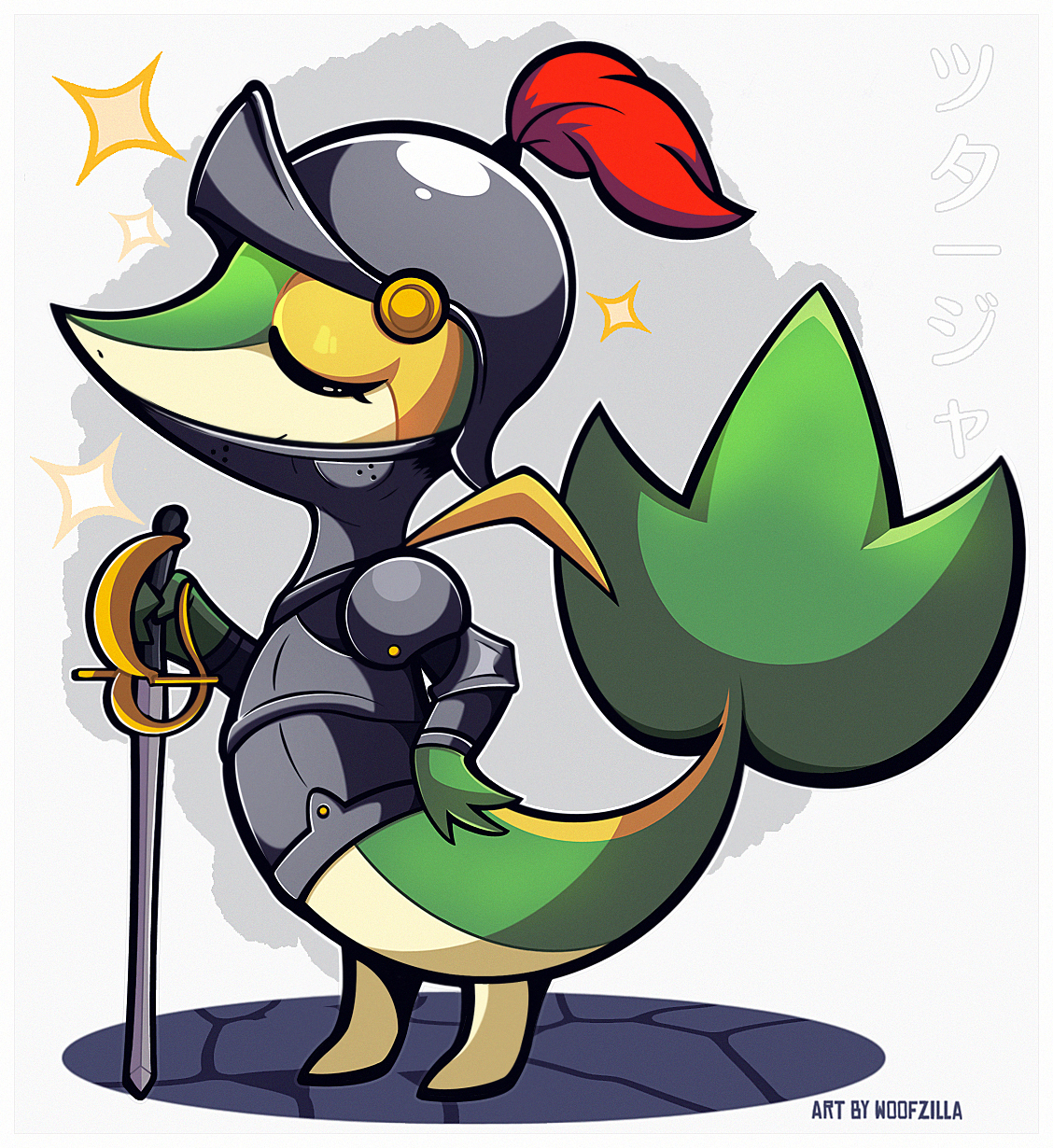 woofzilla, snivy, nintendo, pokemon, commentary, english commentary, highres, translation request, armor, artist name, closed eyes, closed mouth, full body, gen 5 pokemon, holding, holding sword, holding weapon, knight, no humans, planted, planted sword, planted weapon, pokemon (creature), simple background, solo, sparkle, standing, sword, weapon, white background