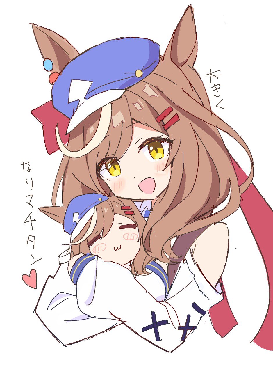 akure1129, matikanetannhauser (panpaka tiltott) (umamusume), matikanetannhauser (umamusume), umamusume, highres, 1girl, animal ears, belt bag, blue hat, blush, breasts, brown hair, ear covers, ear ornament, ears through headwear, hair ornament, hairclip, hat, horse ears, horse girl, long hair, looking at viewer, medium breasts, medium hair, multicolored hair, newsboy cap, open mouth, smile, solo, streaked hair, tilted headwear, yellow eyes