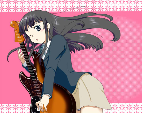 neneko (sakurazawa), akiyama mio, k-on!, bad id, bad pixiv id, 00s, 1girl, bass guitar, black eyes, black hair, blunt bangs, female focus, from below, guitar, hime cut, instrument, long hair, one eye closed, panties, pantyshot, school uniform, solo, underwear, wink