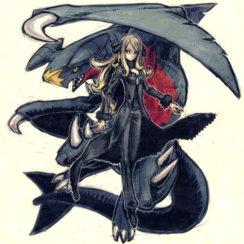 meimaru inuchiyo, cynthia (pokemon), garchomp, nintendo, pokemon, pokemon dppt, fur, lowres, 00s, 1girl, blonde hair, claws, dragon, fur trim, gen 4 pokemon, hair ornament, hairpin, long hair, long sleeves, looking at viewer, looking back, monster, pants, pokemon (creature), sexual dimorphism, simple background, standing, very long hair, white background, yellow eyes