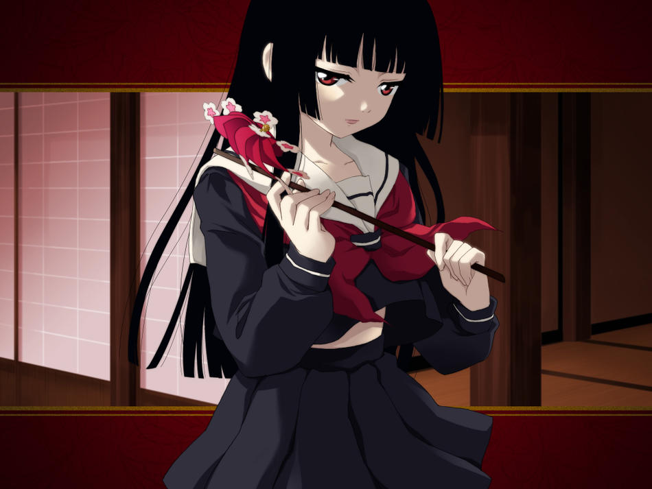 saipaco, enma ai, jigoku shoujo, 00s, 1girl, black hair, black serafuku, blunt bangs, female focus, hime cut, pinwheel, red eyes, school uniform, serafuku, solo