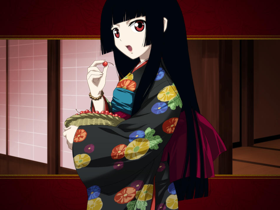 saipaco, enma ai, jigoku shoujo, 00s, 1girl, basket, black hair, blunt bangs, bracelet, cherry, female focus, floral print, food, from side, fruit, hime cut, holding, holding food, holding fruit, japanese clothes, jewelry, kimono, lips, looking at viewer, obi, open mouth, red eyes, sash, solo