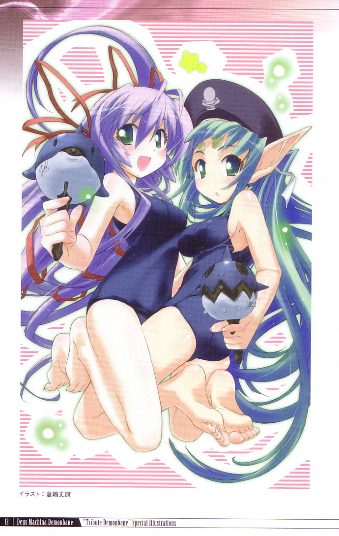 kurashima tomoyasu, al azif (demonbane), elsa, demonbane, artbook, scan, 00s, 2girls, :o, aqua hair, ass, barefoot, between thighs, blush, feet, frottage, green eyes, green hair, hair ribbon, hat, long hair, long pointy ears, looking back, multiple girls, one-piece swimsuit, pointy ears, purple hair, ribbon, school swimsuit, soles, swimsuit, thighs, toes, very long hair, water gun