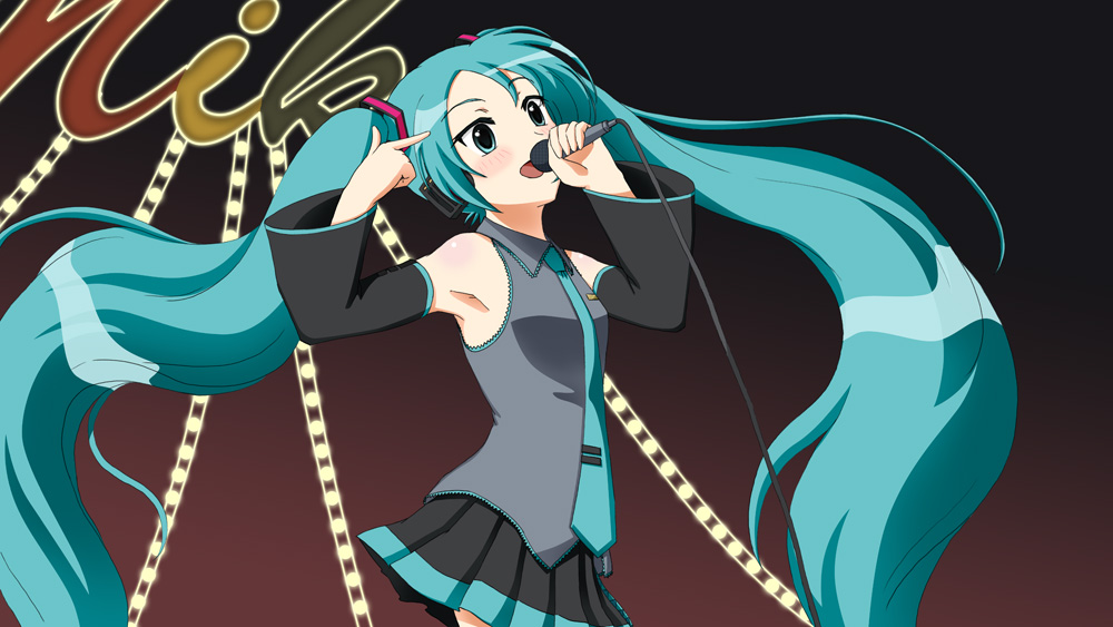 ino (magloid), ino (plan303e), hatsune miku, kannagi, vocaloid, detached sleeves, green hair, long hair, microphone, music, necktie, parody, singing, twintails, very long hair