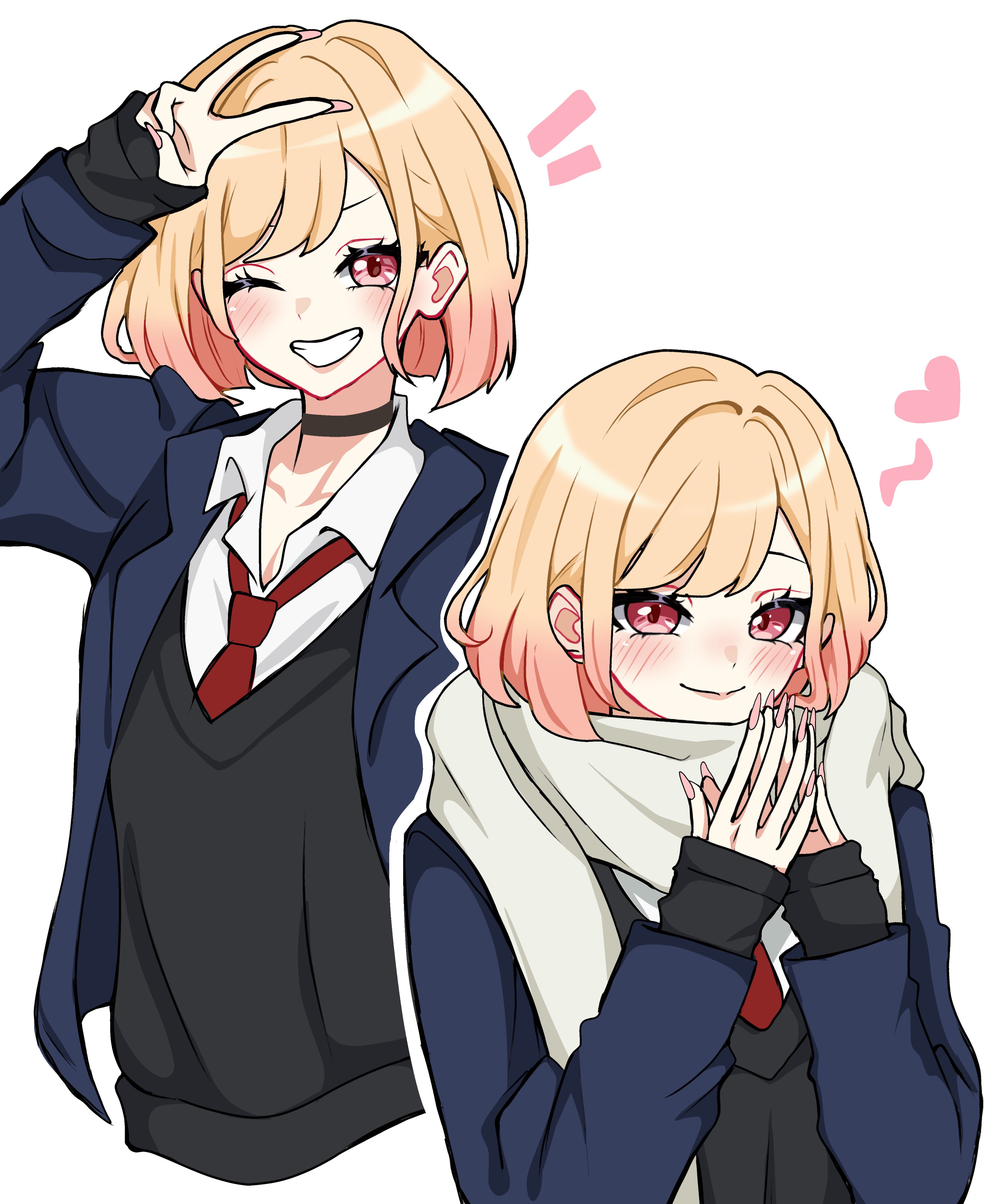 kitagawa marin, sono bisque doll wa koi wo suru, absurdres, commentary, english commentary, highres, 1girl, alternate hair length, alternate hairstyle, black shirt, blonde hair, blue jacket, blush, closed mouth, collared shirt, eyelashes, fingernails, heart, jacket, long sleeves, miovartz, multiple views, nail polish, necktie, one eye closed, open clothes, open jacket, own hands together, pink eyes, pink hair, pink nails, red necktie, scarf, shirt, short hair, simple background, smile, teeth, v, white background, white scarf, white shirt