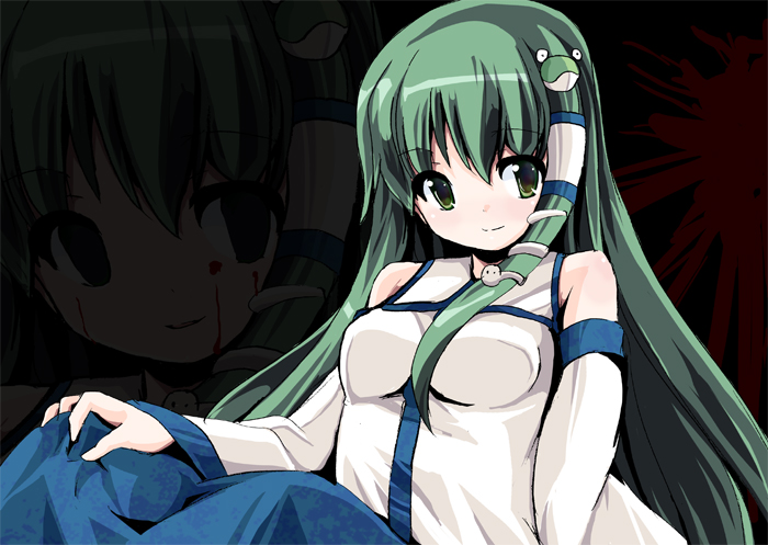 fa no hito, kochiya sanae, touhou, 1girl, blood, detached sleeves, empty eyes, female focus, green eyes, green hair, hair ornament, long hair, matching hair/eyes, sitting, solo, yandere, zoom layer