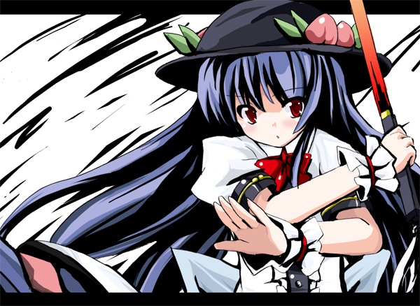 fa no hito, hinanawi tenshi, touhou, bad id, bad pixiv id, 1girl, :o, blue hair, female focus, food, fruit, hat, leaf, letterboxed, peach, red eyes, solo, sword, sword of hisou, weapon