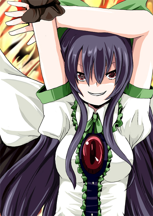 fa no hito, reiuji utsuho, touhou, bad id, bad pixiv id, 1girl, arms up, black hair, black wings, bow, breasts, cape, female focus, hair bow, long hair, radiation symbol, red eyes, smile, solo, symbol-shaped pupils, wings
