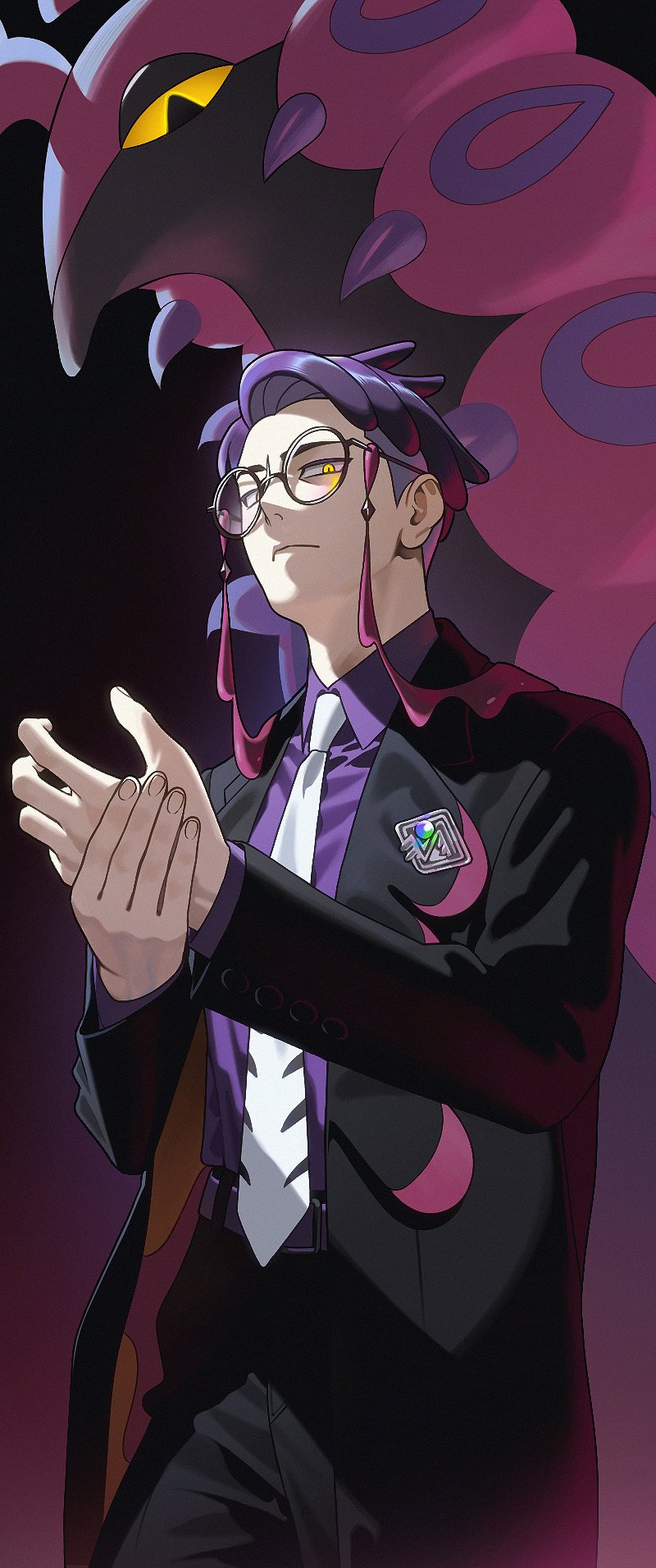 987645321o, corbeau (pokemon), scolipede, nintendo, pokemon, pokemon legends: z-a, highres, belt, black-framed eyewear, black coat, black pants, coat, collared shirt, gen 5 pokemon, glaring, glowing, glowing eyes, gradient hair, holding own hand, looking at viewer, male focus, multicolored hair, necktie, pants, pokemon (creature), purple belt, purple hair, purple shirt, red hair, shirt, white necktie, yellow eyes