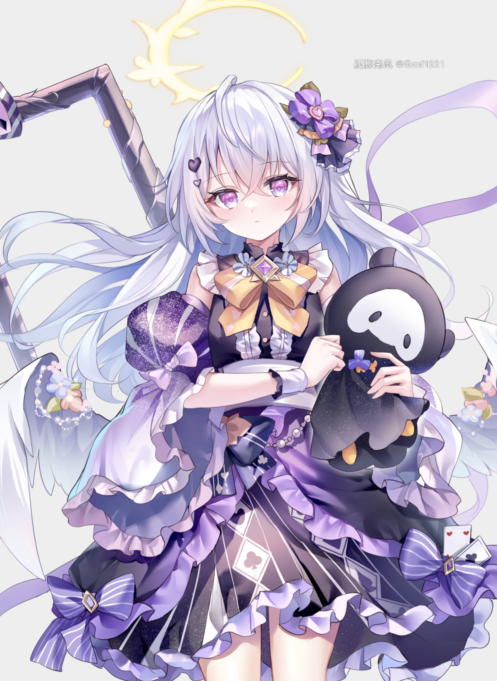 guzangnanfeng, azusa (blue archive), skullman (blue archive), blue archive, cropped, highres, 1girl, alternate costume, bow, closed mouth, crossed bangs, detached sleeves, dress, dress bow, feathered wings, floating hair, grey background, hair between eyes, hair ornament, halo, long hair, long sleeves, looking at viewer, low wings, purple bow, purple dress, simple background, solo, very long hair, white wings, wide sleeves, wings, wristband