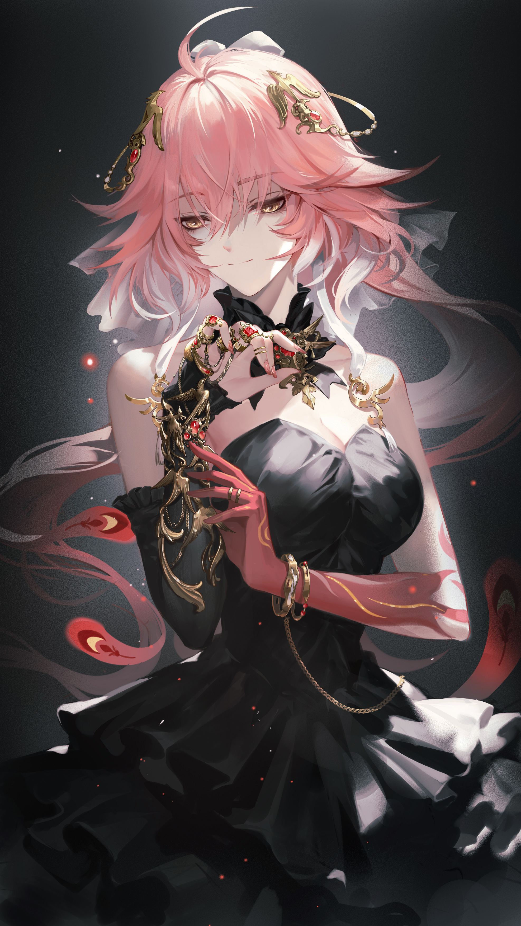 ruoruoqiu, changli (wuthering waves), wuthering waves, absurdres, commentary, english commentary, highres, 1girl, ahoge, alternate costume, bare shoulders, bracelet, breasts, cleavage, closed mouth, colored extremities, cowboy shot, detached sleeves, dress, feather hair, hair between eyes, hair ornament, jewelry, large breasts, long hair, multicolored hair, red hands, single detached sleeve, smile, solo, strapless, strapless dress, two-tone hair, very long hair, yellow eyes