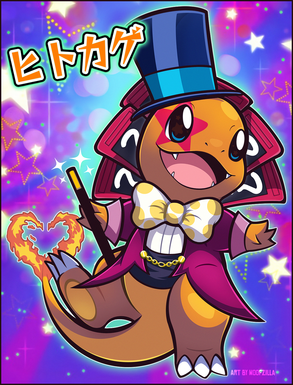 woofzilla, charmander, nintendo, pokemon, yu-gi-oh!, commentary, english commentary, highres, translation request, blue hat, bow, bowtie, claws, clothed pokemon, cosplay, facial mark, fangs, fire, flame-tipped tail, full body, gen 1 pokemon, hat, holding, holding wand, jacket, nostrils, open mouth, performapal lizardraw, performapal lizardraw (cosplay), pokemon (creature), polka dot, polka dot bow, purple jacket, solo, species connection, star (symbol), star facial mark, star symbol background, tail, top hat, wand