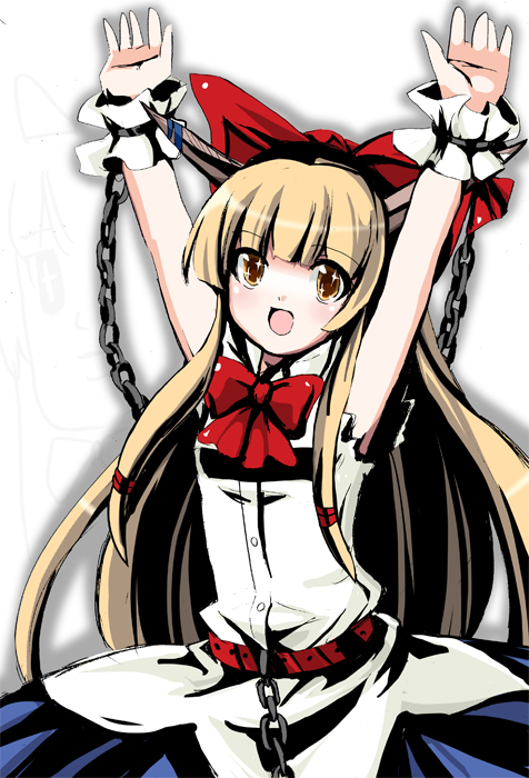 fa no hito, ibuki suika, touhou, bad id, bad pixiv id, 1girl, arms up, blonde hair, blush, bow, chain, female focus, hair bow, horn ornament, horn ribbon, horns, long hair, open mouth, ribbon, smile, solo, wrist cuffs