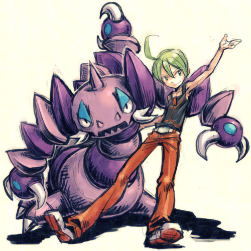 meimaru inuchiyo, aaron (pokemon), drapion, nintendo, pokemon, lowres, 1boy, ahoge, arm up, claws, closed mouth, collarbone, elite four, full body, gen 4 pokemon, green eyes, green hair, leaning back, legs apart, looking at viewer, looking to the side, male focus, monster, pants, pokemon (creature), sharp teeth, shoes, simple background, sleeveless, smile, sneakers, standing, tank top, teeth, white background