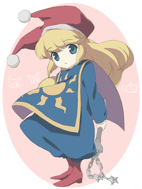 shalion, charlotte (seiken densetsu 3), rabite (seiken densetsu), seiken densetsu, seiken densetsu 3, square enix, bad id, bad pixiv id, blonde hair, child, flail, hat, solo, weapon
