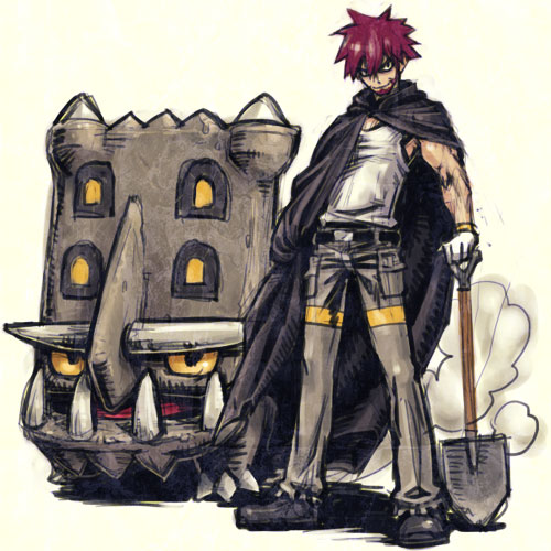 meimaru inuchiyo, bastiodon, byron (pokemon), nintendo, pokemon, lowres, 1boy, gen 4 pokemon, gym leader, male focus, pokemon (creature), shovel, worktool