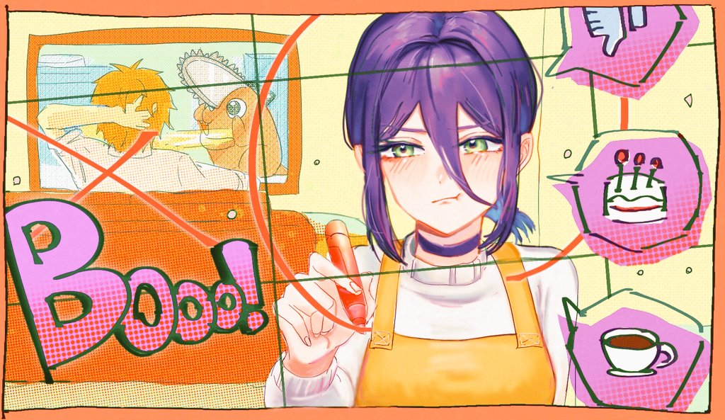 hanagumorimoa, denji (chainsaw man), pochita (chainsaw man), reze (chainsaw man), chainsaw man, commentary request, 1boy, 1girl, apron, blonde hair, blush, cake, cake slice, choker, english text, food, green eyes, hair between eyes, holding, holding marker, long hair between eyes, marker, medium hair, orange apron, pout, purple choker, purple hair, solo focus, sweater, tea, thumbs down, upper body, white sweater