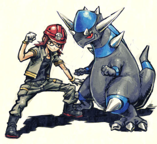 meimaru inuchiyo, rampardos, roark (pokemon), nintendo, pokemon, pokemon dppt, black footwear, 00s, 1boy, black shirt, boots, brown hair, clenched hand, gen 4 pokemon, glasses, gloves, grey jacket, grey pants, gym leader, helmet, jacket, male focus, pants, pokemon (creature), red eyes, shadow, shirt, smile, standing, white gloves