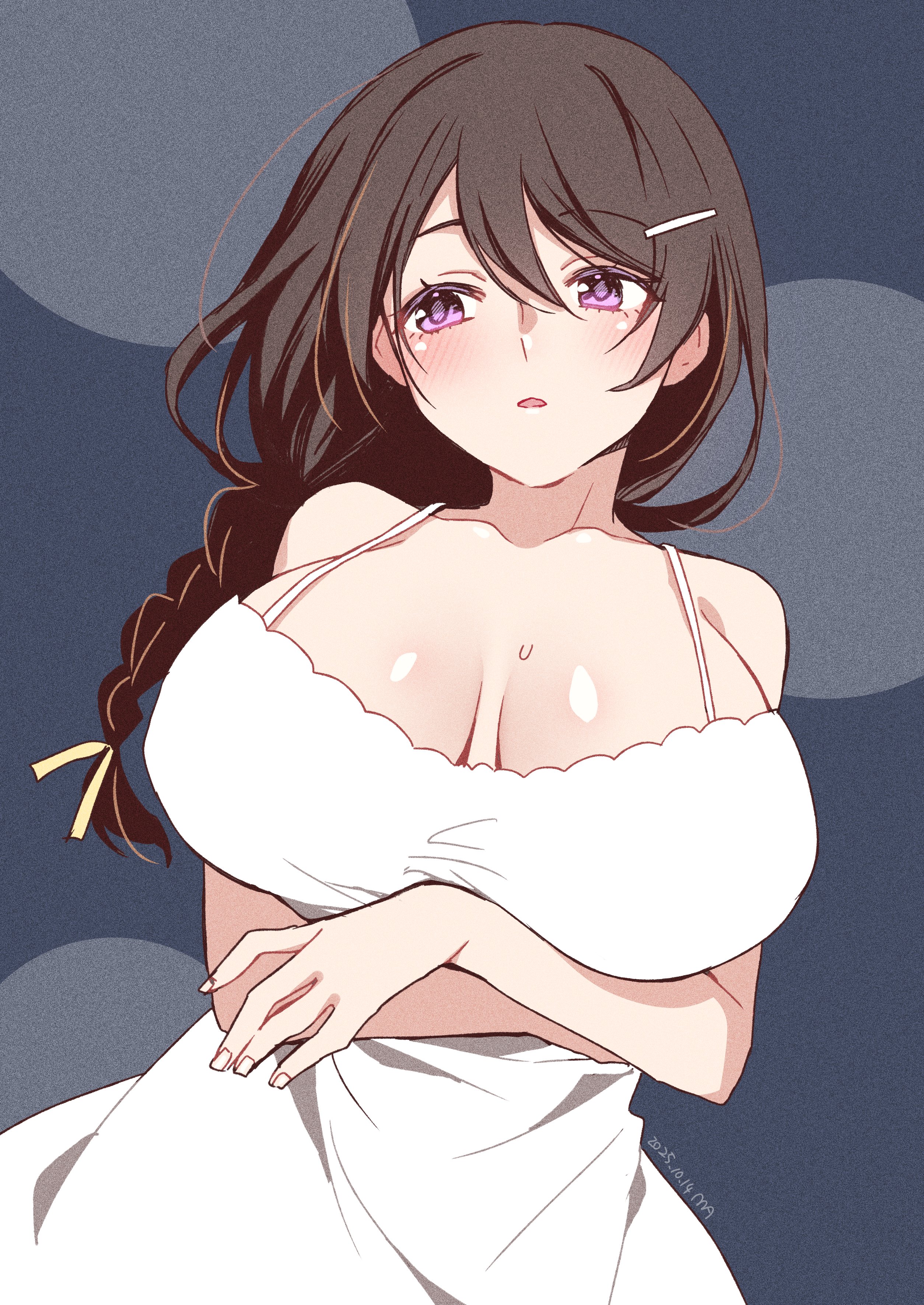 manimani (mani ma), hanekawa tsubasa, monogatari (series), absurdres, commentary, highres, 1girl, arms under breasts, black hair, blush, braid, breasts, breasts apart, collarbone, dated, dress, hair between eyes, hair ornament, hairpin, large breasts, long hair, parted lips, purple eyes, signature, sleeveless, sleeveless dress, solo, sundress, white dress