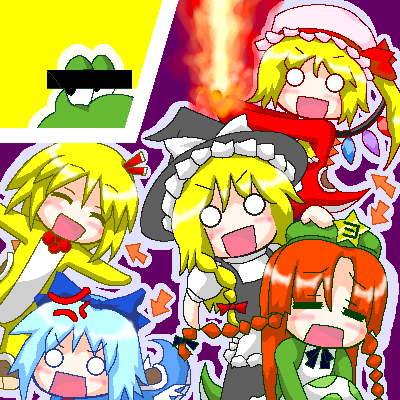 myonde, cirno, flandre scarlet, hong meiling, kirisame marisa, rumia, yoshi, embodiment of scarlet devil, mario (series), nintendo, super mario world, super marisa world, touhou, lowres, 5girls, :d, = =, ^ ^, anger vein, bar censor, beret, blonde hair, blue hair, censored, censored identity, closed eyes, costume, crossover, fairy, fire, hat, looking at viewer, multiple girls, o o, oekaki, open mouth, parody, parted bangs, red eyes, red hair, smile, star (symbol), witch hat