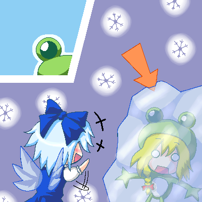 myonde, cirno, kirisame marisa, embodiment of scarlet devil, mario (series), nintendo, super mario bros. 1, super mario bros. 3, super marisa world, touhou, lowres, 2girls, animal costume, crossover, frog costume, frozen, ice, multiple girls, oekaki, parody, power-up