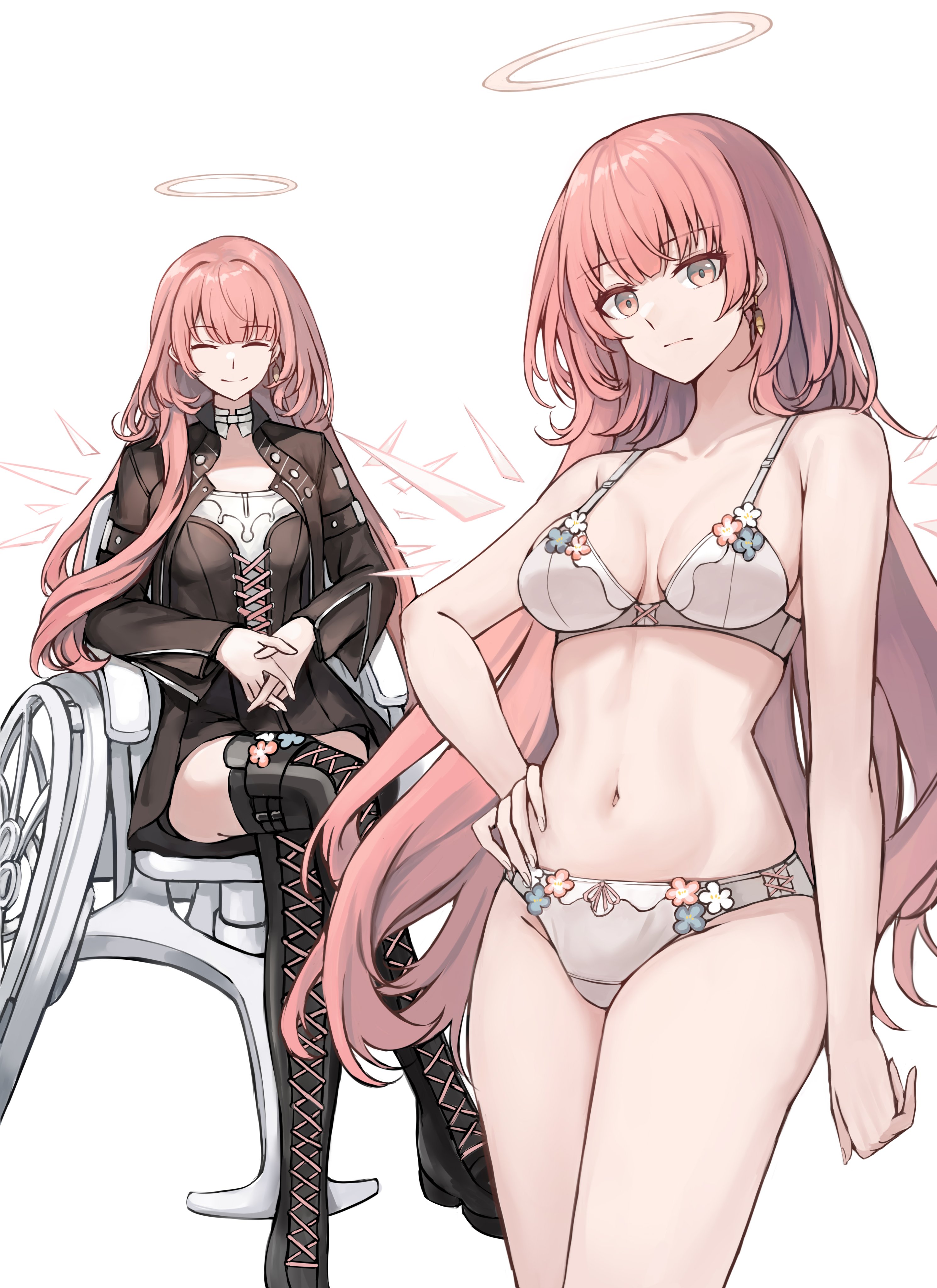 gongbangmanchi (daisy cutter), lemuen (arknights), arknights, absurdres, commentary, highres, 1girl, black boots, black jacket, boots, bra, breasts, closed eyes, closed mouth, crossed legs, detached wings, halo, jacket, lace-up boots, long hair, medium breasts, multiple views, navel, panties, pink eyes, pink hair, simple background, sitting, stomach, thigh boots, underwear, wheelchair, white background, white bra, white panties, wings