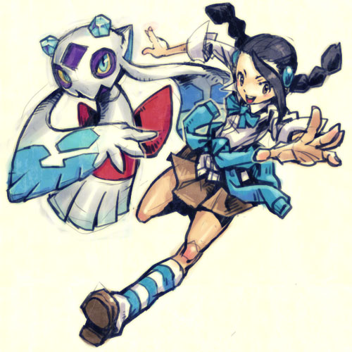 meimaru inuchiyo, candice (pokemon), froslass, nintendo, pokemon, pokemon dppt, striped legwear, lowres, 00s, 1girl, black hair, braid, brown eyes, clothes around waist, gen 4 pokemon, gym leader, loose socks, miniskirt, multi-tied hair, pokemon (creature), ribbon, skirt, socks, striped clothes, striped socks, sweater, sweater around waist, twin braids