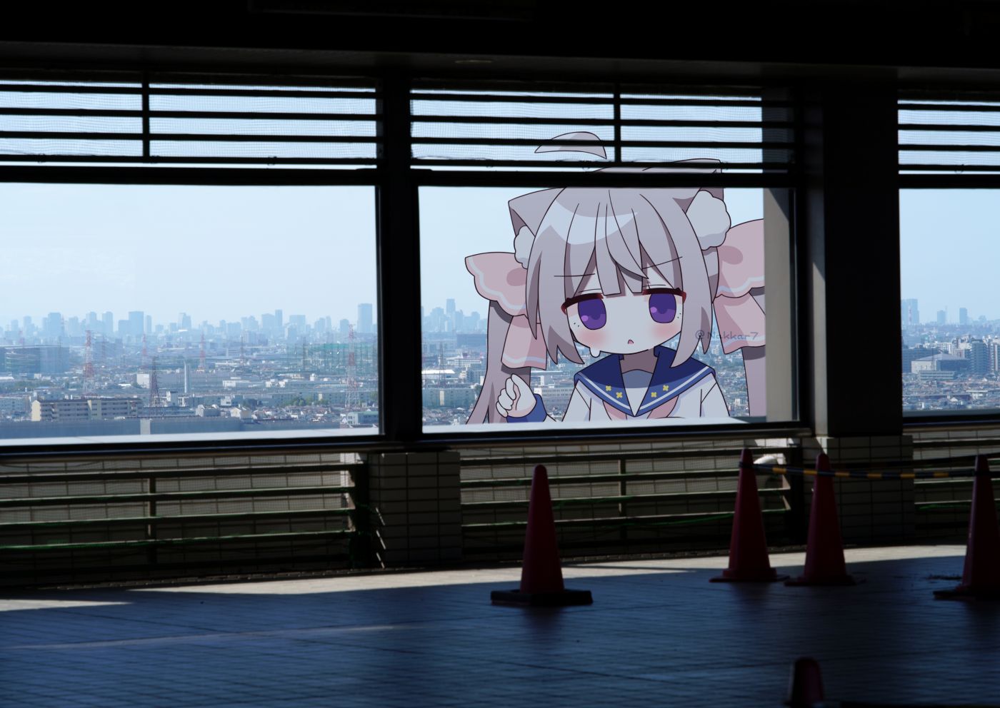 nakkar, original, commentary, jpeg artifacts, 1girl, ahoge, animal ear fluff, animal ears, blue sailor collar, cat ears, cat girl, giant, giantess, long sleeves, looking at viewer, neckerchief, open mouth, outdoors, photo background, pink neckerchief, purple eyes, sailor collar, shirt, solo, traffic cone, twintails, white shirt