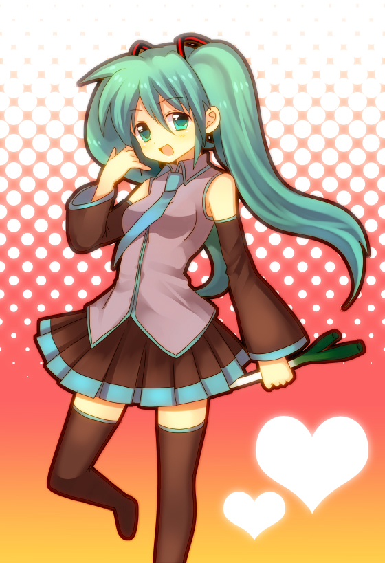 subaru (yachika), hatsune miku, vocaloid, 1girl, aqua hair, female focus, solo, spring onion, thighhighs, twintails, zettai ryouiki