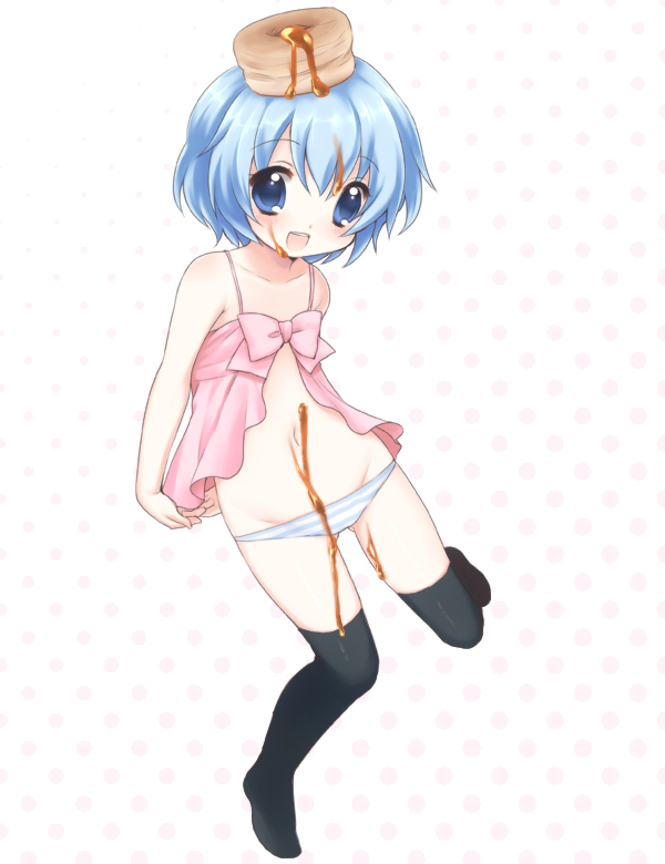 usashiro mani, bisuke-tan, kfc, bad id, bad pixiv id, 1girl, :d, babydoll, blue eyes, blue hair, female focus, lingerie, matching hair/eyes, navel, open mouth, panties, short hair, smile, solo, striped clothes, striped panties, syrup, thighhighs, underwear