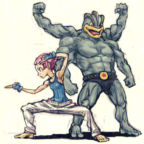 meimaru inuchiyo, machamp, master asia, maylene (pokemon), nintendo, pokemon, pokemon dppt, lowres, 1girl, barefoot, feet, fighting stance, gen 1 pokemon, gym leader, muscular, parody, pokemon (creature), toes