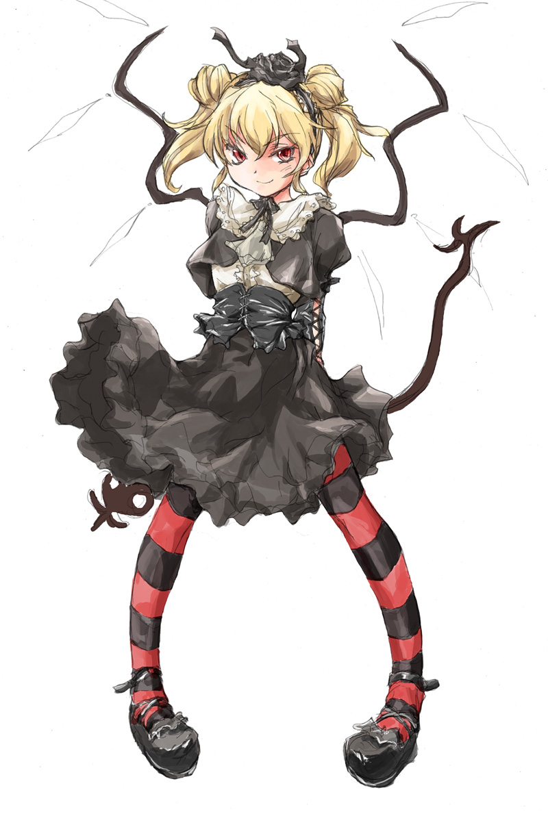 matsukura nemu, flandre scarlet, touhou, 1girl, alternate costume, alternate hairstyle, arms behind back, blonde hair, female focus, full body, gothic lolita, hairband, laevatein, lolita fashion, lolita hairband, red eyes, simple background, smirk, solo, standing, striped clothes, striped thighhighs, thighhighs, twintails, white background, wings