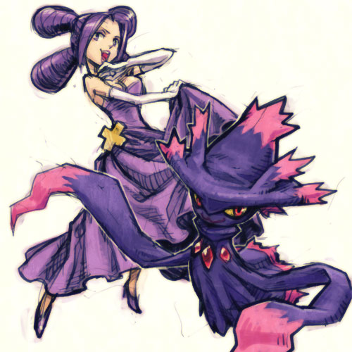 meimaru inuchiyo, fantina (pokemon), mismagius, nintendo, pokemon, lowres, 1girl, dress, gen 4 pokemon, gym leader, pokemon (creature), purple hair, quad tails