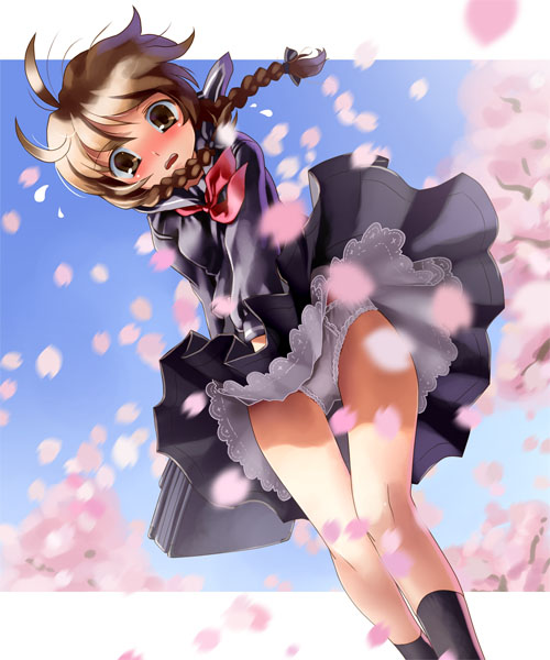 katahira masashi, original, 1girl, braid, cherry blossoms, clothes lift, female focus, from below, panties, pantyshot, school uniform, skirt, skirt lift, solo, standing, twin braids, underwear, upskirt, white panties, wind, wind lift