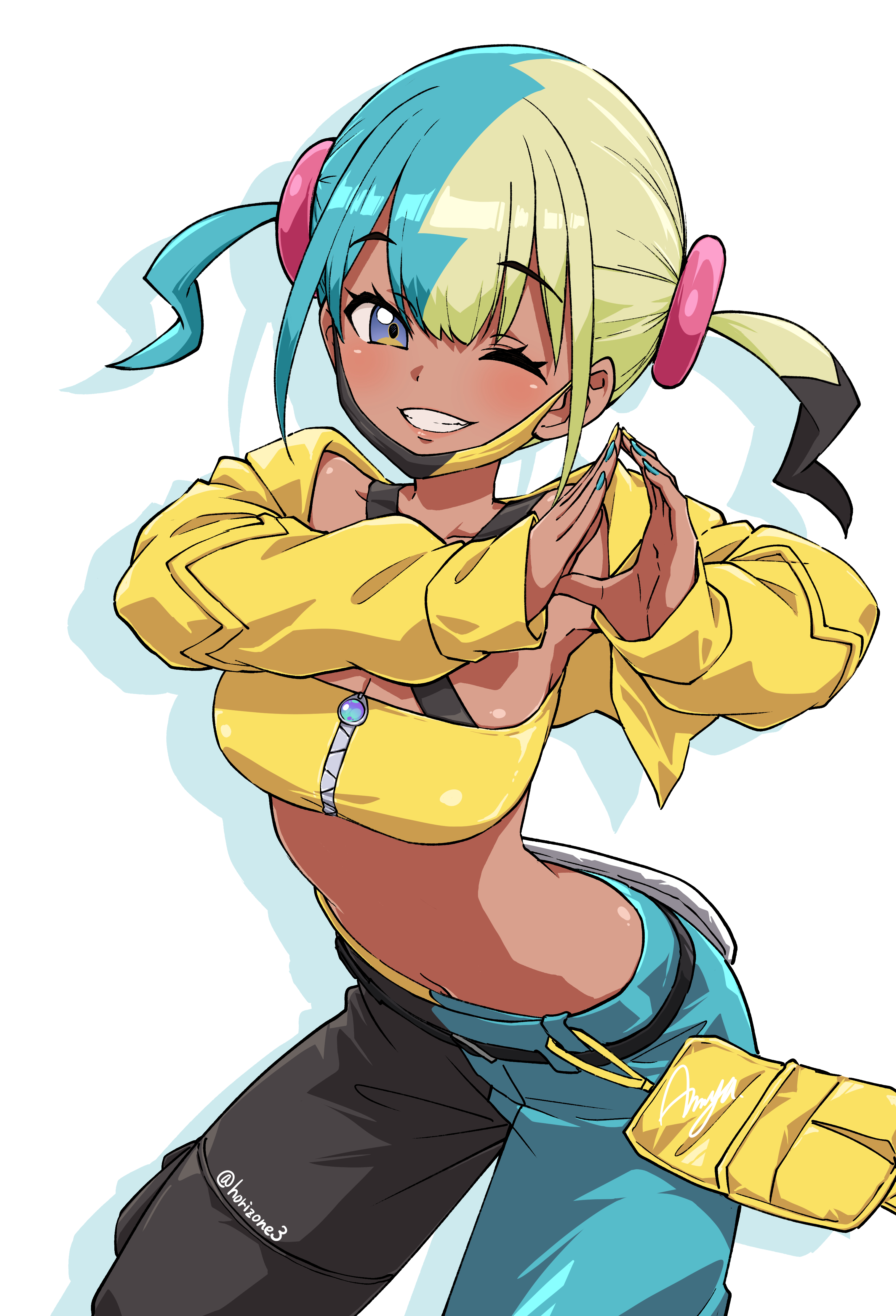 asanaya, canari (pokemon), nintendo, pokemon, pokemon legends: z-a, absurdres, commentary request, highres, 1girl, aqua hair, aqua nails, aqua pants, bandeau, black hair, blonde hair, blue eyes, breasts, clenched teeth, dark-skinned female, dark skin, fingernails, jacket, looking at viewer, mask, mask pull, medium breasts, midriff, mouth mask, multicolored hair, nail polish, navel, one eye closed, pants, simple background, smile, solo, standing, teeth, twintails, white background, yellow bandeau, yellow jacket