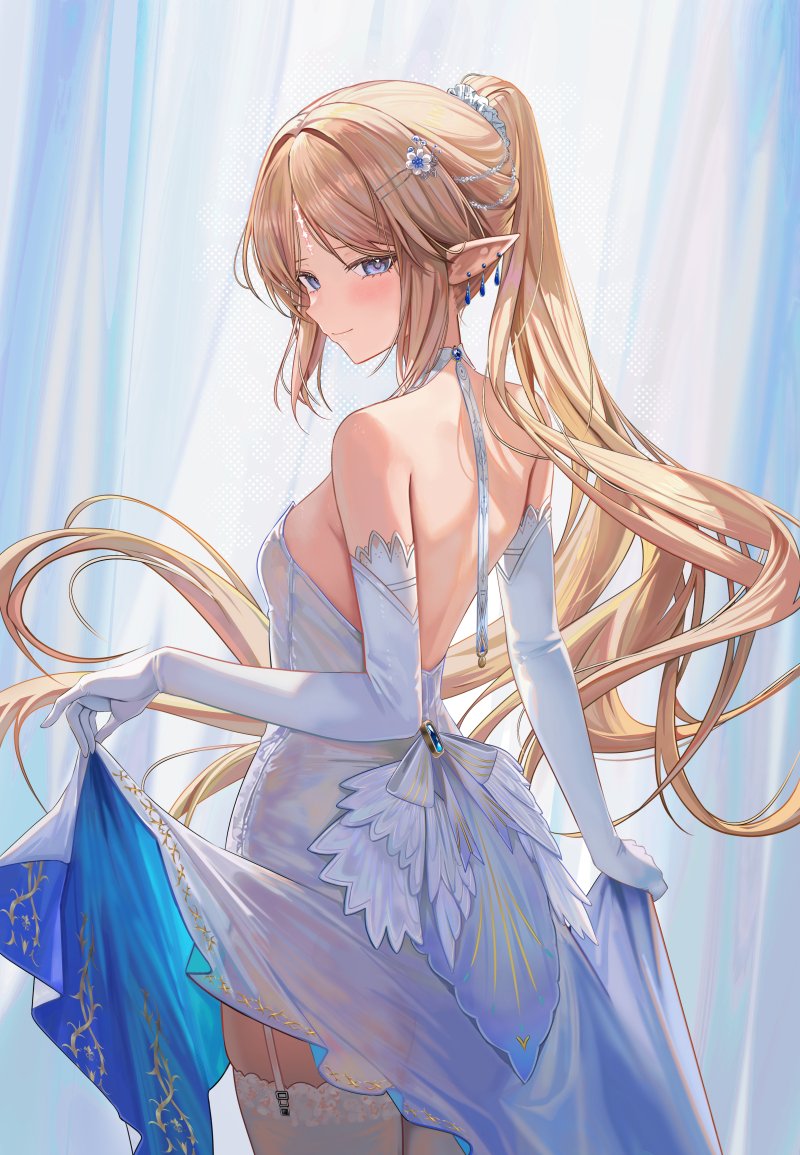 ru zhai, cartethyia (wuthering waves), wuthering waves, commentary, paid reward available, symbol-only commentary, 1girl, alternate costume, backless dress, backless outfit, bare shoulders, blonde hair, blue eyes, blush, breasts, closed mouth, cowboy shot, dress, earrings, elbow gloves, from behind, gloves, jewelry, long hair, looking at viewer, looking back, multiple earrings, parted bangs, pointy ears, ponytail, sidelocks, small breasts, smile, solo, tacet mark (wuthering waves), very long hair, white dress, white gloves
