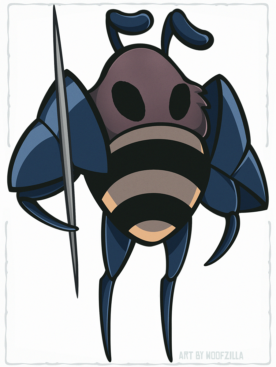 woofzilla, hive knight (hollow knight), hollow knight, commentary, english commentary, highres, armor, artist name, bee, bug, full body, holding, holding weapon, insect, inset border, no humans, simple background, solid oval eyes, solo, weapon, white background