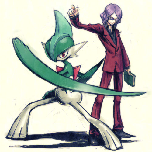 meimaru inuchiyo, gallade, goyo (pokemon), lucian (pokemon), nintendo, pokemon, lowres, 1boy, book, creature, elite four, formal clothes, full body, gen 4 pokemon, holding, holding book, long sleeves, male focus, outstretched arm, pants, pokemon (creature), red eyes, simple background, suit, white background