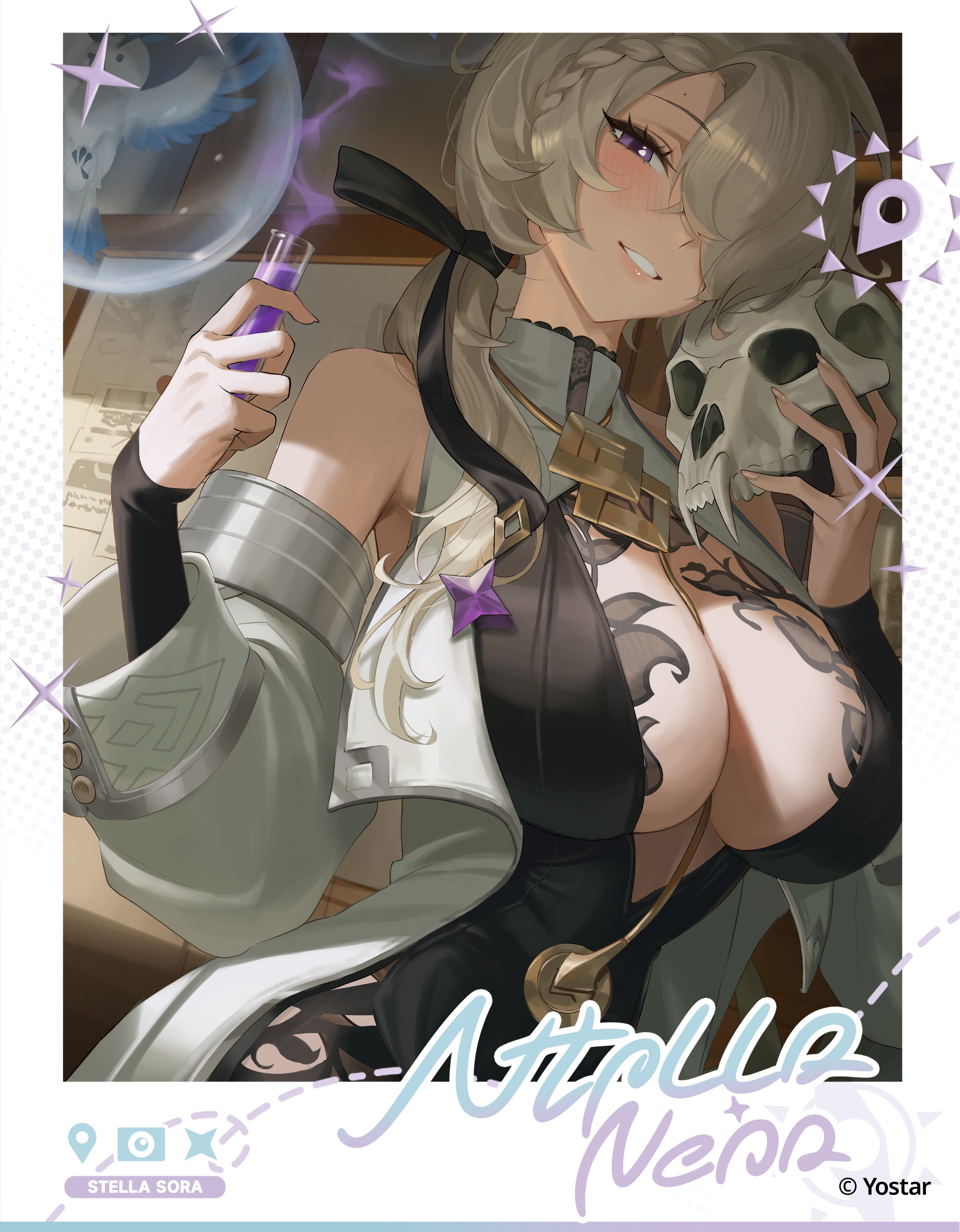 rucarachi, stella sora, absurdres, commentary, english commentary, highres, 1girl, animal skull, between breasts, bird, black dress, black ribbon, blush, braid, breasts, bubble, cleavage, coat, coronis (stella sora), dress, grey hair, guest art, hair over one eye, hair ribbon, holding, holding skull, holding vial, indoors, large breasts, long sleeves, looking at viewer, ponytail, purple eyes, ribbon, skull, smile, smoke, smoke trail, solo, teeth, upper body, vial, white coat