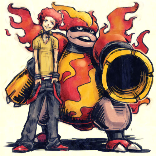 meimaru inuchiyo, flint (pokemon), magmortar, nintendo, pokemon, pokemon dppt, looking away, red footwear, lowres, 00s, 1boy, afro, arm cannon, belt, black pants, choker, elite four, fire, full body, gen 4 pokemon, grin, hands in pockets, legs apart, looking to the side, male focus, pants, pokemon (creature), red hair, shadow, shirt, shoes, short sleeves, smile, standing, suspenders, weapon, wrist cuffs, yellow background, yellow shirt
