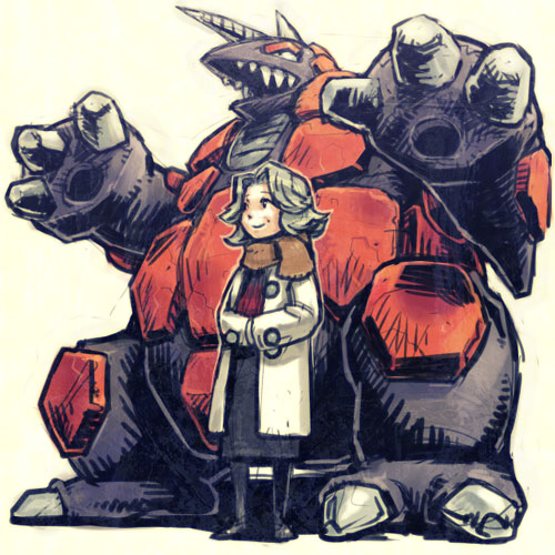 meimaru inuchiyo, bertha (pokemon), rhyperior, nintendo, pokemon, black footwear, lowres, 1girl, boots, brown scarf, claws, coat, drill, elite four, full body, gen 4 pokemon, grey eyes, grey hair, horns, jacket, knee boots, long sleeves, monster, own hands together, pokemon (creature), rock, scarf, sharp teeth, short hair, simple background, single horn, size difference, smile, standing, teeth, white background, winter clothes, winter coat