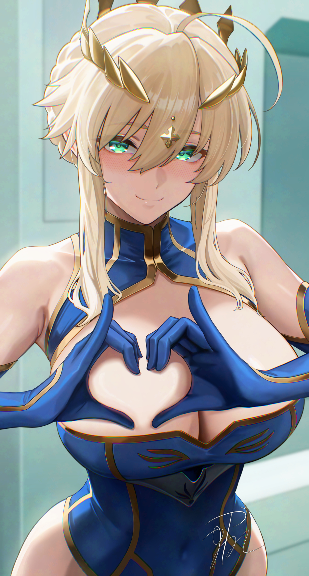 yamaneko (tkdrumsco), artoria pendragon (fate), artoria pendragon (lancer) (fate), fate/grand order, fate (series), commentary request, highres, 1girl, ahoge, blonde hair, blue gloves, blue leotard, braid, braided bun, breasts, cleavage, closed mouth, covered navel, crown, elbow gloves, gloves, green eyes, hair between eyes, hair bun, heart-shaped boob challenge, heattech leotard, highleg, highleg leotard, indoors, large breasts, leotard, long hair, looking at viewer, sidelocks, smile, solo, turtleneck