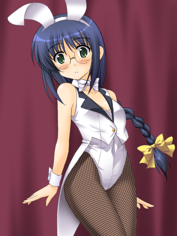masakichi (crossroad), marie (sister princess), sister princess, 00s, animal ears, blue hair, braid, fake animal ears, fishnet pantyhose, fishnets, glasses, green eyes, long hair, pantyhose, playboy bunny, rabbit ears, solo, vest