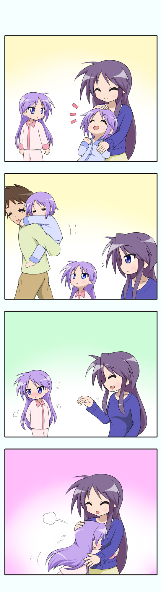 qwer, hiiragi kagami, hiiragi miki, hiiragi tadao, hiiragi tsukasa, lucky star, highres, long image, tall image, 00s, 1boy, 3girls, 4koma, age difference, aged down, blush, child, comic, family, father and daughter, hug, mother and daughter, multiple girls, pajamas, siblings, silent comic, sisters, twins