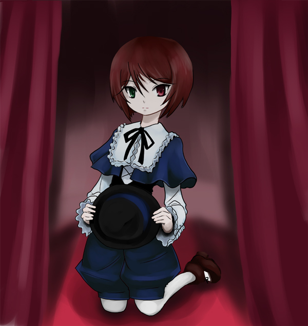 urara (yura), souseiseki, rozen maiden, 00s, brown hair, frills, hat, heterochromia, pantyhose, short hair, solo