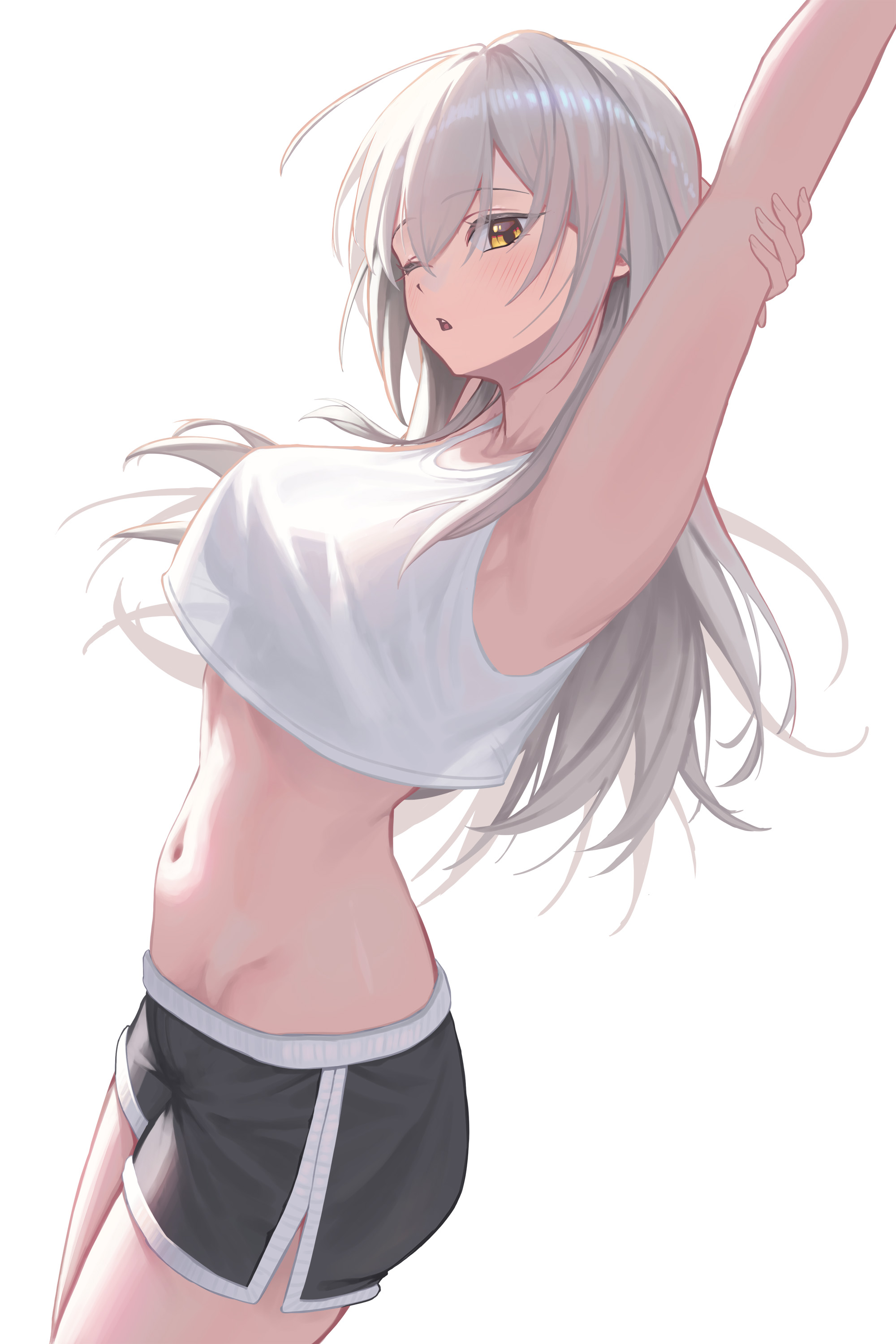 bowlp, stelle (honkai: star rail), trailblazer (honkai: star rail), honkai: star rail, honkai (series), absurdres, commentary, highres, 1girl, arm up, armpits, black shorts, breasts, dolphin shorts, grey hair, long hair, medium breasts, navel, shorts, simple background, solo, stomach, tank top, white background, white tank top, yellow eyes
