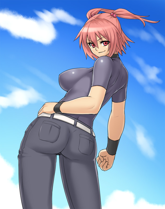 houtengeki, onozuka komachi, touhou, 1girl, alternate costume, ass, back, belt, breasts, casual, clenched hand, denim, female focus, from behind, hair bobbles, hair ornament, hand on own hip, hip focus, impossible clothes, impossible shirt, jeans, large breasts, looking back, pants, pink eyes, pink hair, red eyes, red hair, shirt, short hair, short twintails, smile, solo, twintails, two side up, wristband