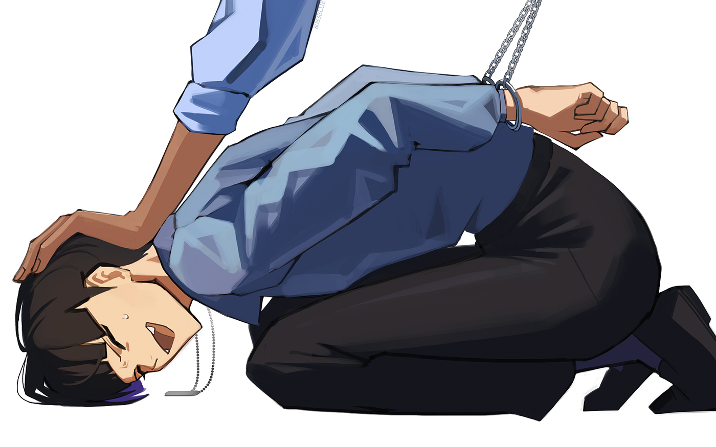8083 blue, hoshina soshiro, kaijuu no. 8, commentary, 1boy, arms behind back, black hair, black pants, blue shirt, bound, bound arms, bowl cut, closed eyes, cuffs, fangs, hand on another's head, handcuffs, male focus, pants, pushing down, shirt, short hair, simple background, solo focus, white background